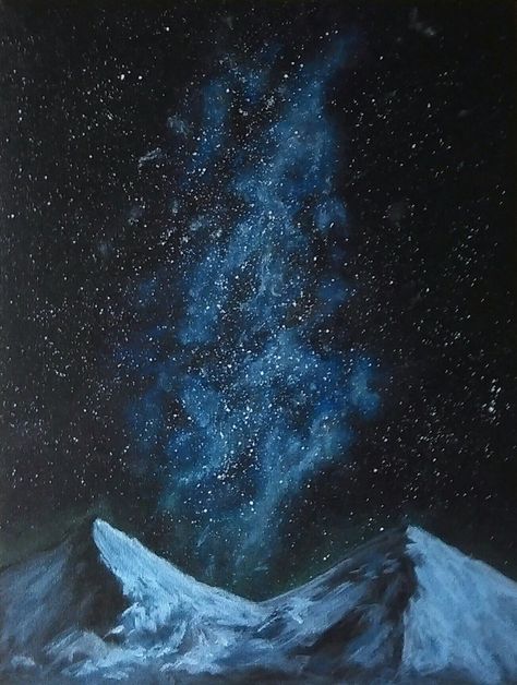 Mountains and Milky way. Acrylic canvas by Jonathan Long. Mountain Galaxy Painting, Galaxy Night Sky Painting, Night Time Mountain Painting, Milky Way Acrylic Painting, Painted Mountains Easy, Acrylic Night Sky, Milky Way Painting, Nebula Painting, Mountain Night