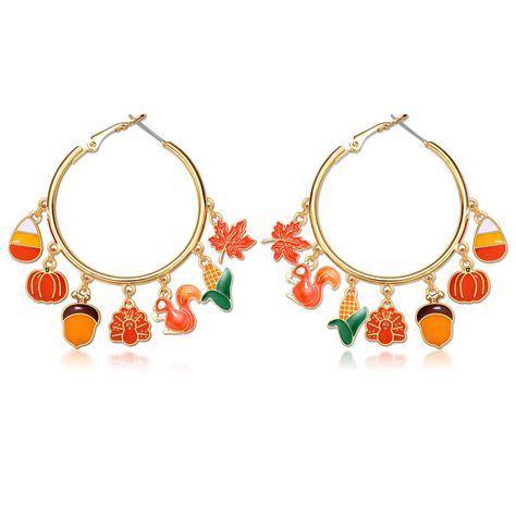 PRICES MAY VARY. 【Hoop Thanksgiving Earrings】Thanksgiving Day is the perfect time to remind one another of the many reasons there are to be grateful. This alloy earring is composed of gold hoop. There are six charms below (pumpkin, maple leaf, squirrel, corn, turkey, corn candy). These pendulous charms will make a bell like sound in your ears. Classic and cute Thanksgiving elements,fully catering to the festival thicken atmosphere. 【Thanksgiving Jewelry Accessories】It is that time of the year wh Leaf Squirrel, Thanksgiving Earrings, Pumpkin Boo, Thanksgiving Jewelry, Candy Corn Earrings, Hoop Drop Earrings, Earrings Halloween, Thanksgiving Fun, Alloy Earrings