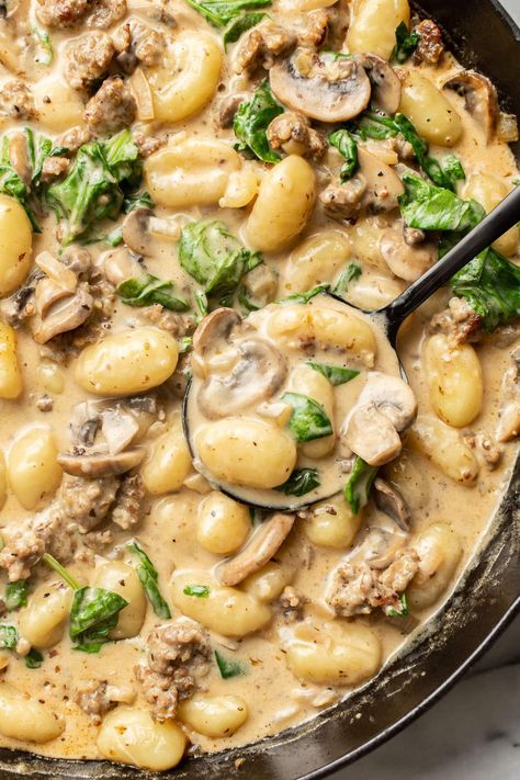 Italian Sausage and Mushroom Gnocchi Italian Sausage Gnocchi, Ground Italian Sausage Recipes, Sweet Italian Sausage Recipes, Mushroom Gnocchi, Sausage Gnocchi, Gnocchi Recipes Easy, Sausage Recipes For Dinner, One Pan Meal, Gnocchi Recipe