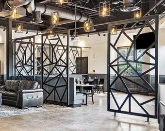 Modern Industrial Office Design, Steel Room Divider, Warehouse Office Design, Modern Industrial Office, Industrial Office Space, Event Space Design, Open Concept Office, Metal Room Divider, Warehouse Office