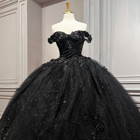 Black Quinceanera Theme Dresses, Black Prom Dress Long Sparkly Ball Gowns, Black Sparkly Ball Gown, Quince Dress Styles, Black Cinderella Dress, Sweet 16 Black Dresses, Sparkly Black Quinceanera Dresses, Black Quinceanera Dresses With Sleeves, Black Sparkly Quince Dress