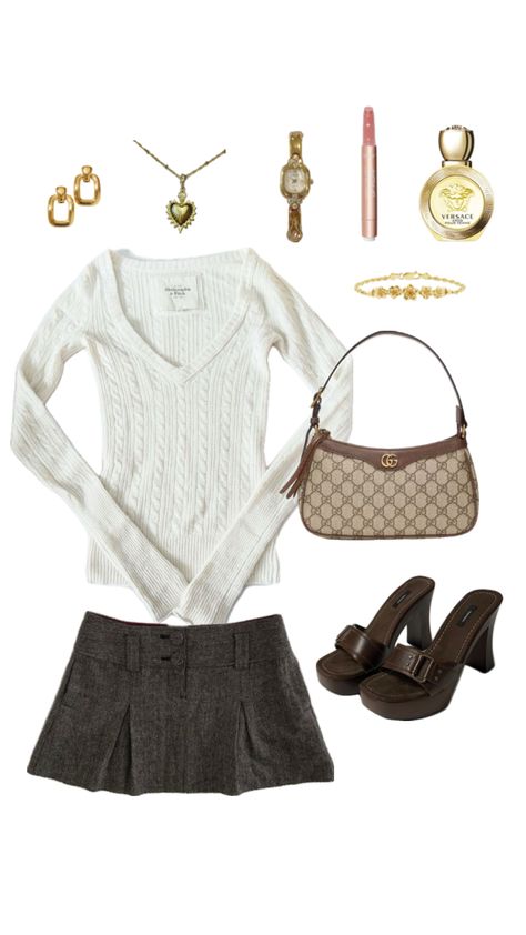 white sweater, grey miniskirt, brown pumps, gucci bag, gold accessories, gold jewellery, gold earrings, gold necklace, gold watch, gold bracelet, versace perfume, tarte lip plumping gloss, y2k, 2000s, tb, autumn, fall, comfy, cozy, old money, posh, school, cute, girly Fit Aesthetic, Y2k Fits, Love Pinterest, Autumn Fits, Y2k Vintage, Aesthetic Love, Closet Fashion, Cute Fits, Autumn Fall