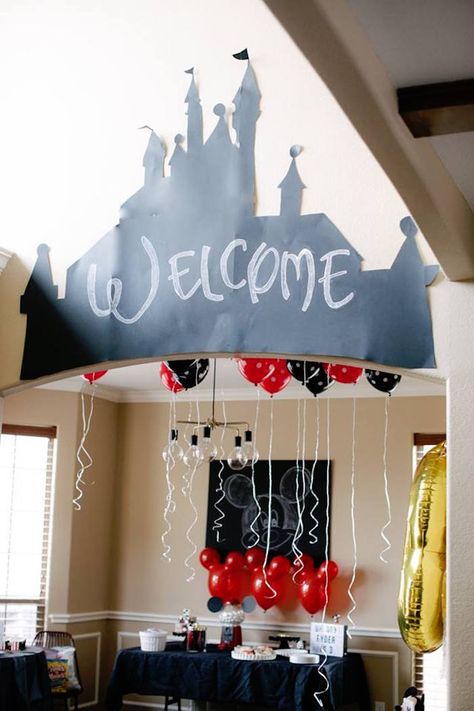 Disney Castle "Welcome" Arch from a DIY Modern Throwback Mickey Mouse Birthday Party on Kara's Party Ideas | KarasPartyIdeas.com (8) Disney Party Diy Decorations, 4th Birthday Disney Theme, Disney Castle Theme Party, Disney Characters Birthday Party Ideas, Disney Jr Birthday Party Ideas, Disney Movie Birthday Party, Disney Character Party Ideas, Disney Event Ideas, Disney School Theme Ideas