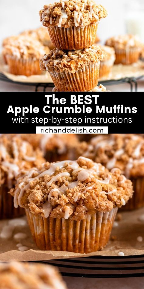 These apple crumble muffins are made with moist cinnamon muffin batter, filled with chopped apples, topped with a buttery crumble, and topped with a delicious glaze. Jewish Apple Cake Muffins, Apple Chunk Muffins, Pumpkin Apple Streusel Muffins, Fall Coffee Cake Muffins, Apple Spice Cake Muffins, Apple Pie Filling Muffin Recipes, Apple Spice Muffins With Oat Streusel, Apple Streusel Cupcakes, Shredded Apple Muffins