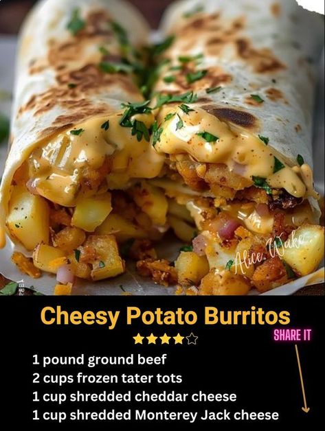 Cheesy Potato Burrito, Cheesy Potato Burrito Recipe, Chessy Potatoes, Potato Burrito Recipe, September Meals, Potato Burritos, Potato Burrito, Frozen Tater Tots, Burrito Recipe