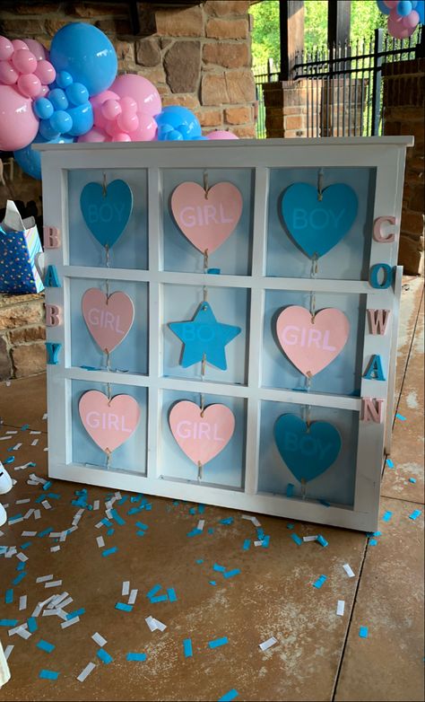 Gender Reveal Tic Tac Toe Board Diy, Gender Reveal Tik Tak Toe Board, Tic Tac Toe Gender Reveal, Gender Reveal Candy, Diy Baby Shower Games, Gender Reveal Diy, Gender Reveal Cards, Twin Gender Reveal, Baby Gender Reveal Party Decorations