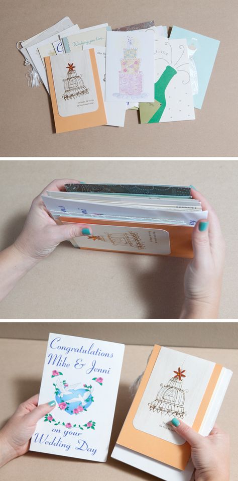 Make a book out of cards given to you!  This would be great for Christmas, new baby, or wedding cards.  :) How To Bind Greeting Cards, Saving Cards Ideas, Save Cards Ideas, Greeting Card Scrapbook Ideas, Card Book Diy, Card Keepsake Book, Wedding Card Book, Wedding Card Keepsake, Memorabilia Storage