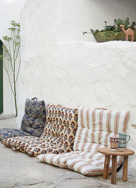 Portable Mattress, Madam Stoltz, Cotton Mattress, Mattress On Floor, Indian Block Print, Wooden Stools, Garden Chairs, Recycled Wood, Bench Cushions