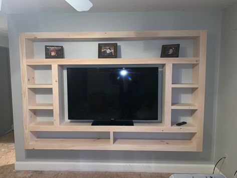 With 2 adjustable shelves. Stain will be classic grey. Replace ceiling fan, outlets to be moved and now herringbone flooring/white bleached oak. Wall Unit Lighting Ideas, Clever Office Ideas, Custom Wall Units Built Ins, Floor To Ceiling Tv Unit, Custom Tv Wall Unit, Diy Tv Wall Unit, Living Room Tv Unit Design, Room Tv Unit Design, Built In Tv Wall