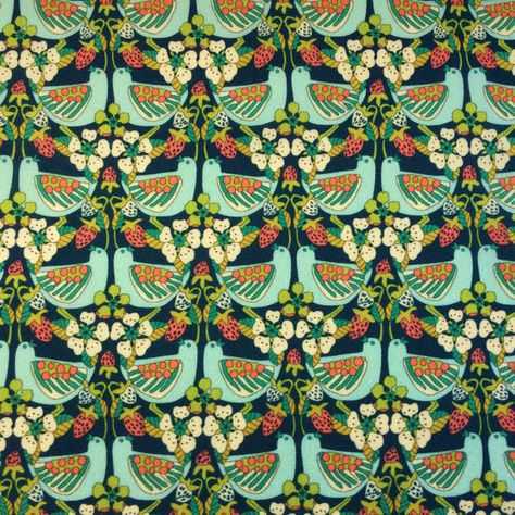 NEW PRINT! Strawberry Feast A Liberty Fabric tana lawn creamy white blue orange red green birds bird (25,4 cm x 25,4 cm) The Weavers Mill Liberty Art Fabrics, Liberty Tana Lawn, Liberty Of London Fabric, Lawn Lights, Green Bird, Yellow Turquoise, Earth Art, Lawn Fabric, Petrol Blue