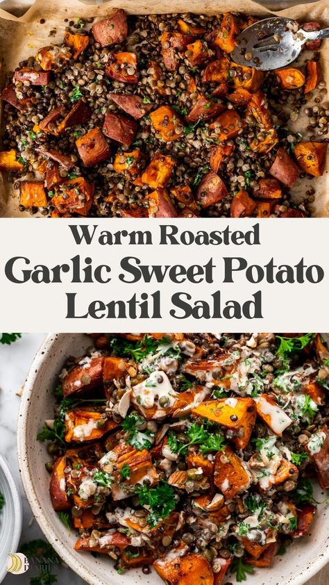 Simple Sweet Potato Lentil Salad with Roasted Garlic Tahini Dressing Potato Lentil Salad, Vegetarian Ideas, Daniel Fast Recipes, Daniel Fast, Salad With Sweet Potato, Lentil Salad, Tahini Dressing, Lentil Recipes, Chopping Block