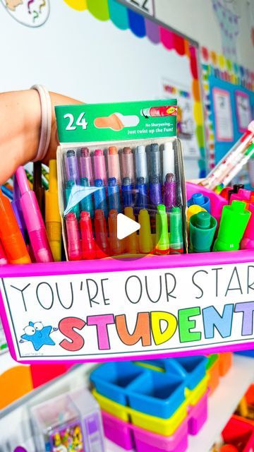 Madison Rowe on Instagram: "Make a star student supply bin with me! 

I like to pick out supplies that are “special” or “out of the ordinary” for our star student to keep on their desk to use during their week as the star student! 🤩

Tap the blog link in my profile to read more about the Star Student tradition in my classroom, and to grab the Star Student resource! ⭐️⭐️⭐️" Vip Student Desk, Star Student Ideas, K4 Classroom, Art Supply Box, Marvellous Me, Star Student, Student Of The Week, Star Of The Week, Supply Labels