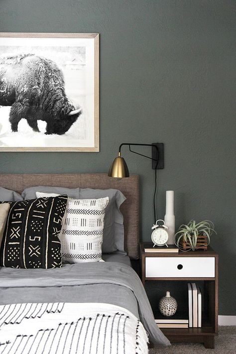 I’m excited to share a new room makeover I have been working on! This was a fun one, because you all know how much I love color, but I wanted to try something different this time around. My friend Bri Woodsy Bedroom, Bedroom Scandinavian Style, Vibes Room, Grey Bedrooms, Masculine Apartment, Zimmer Diy, Minimalist Dekor, Masculine Bedroom, Decor Ikea