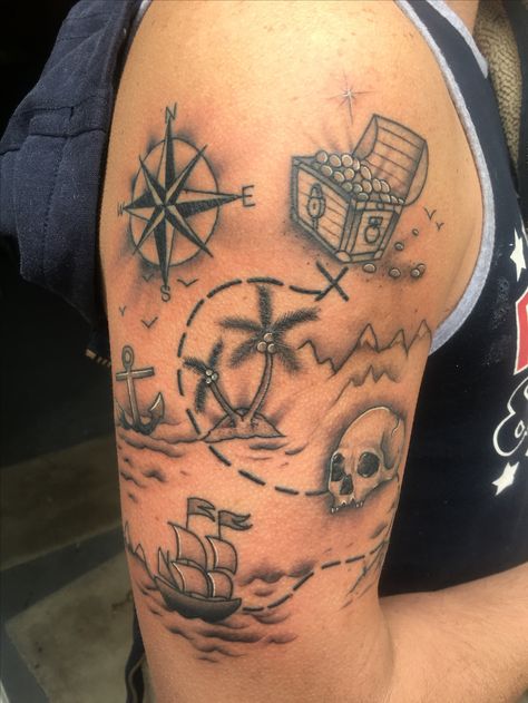 Treasure map tattoo Pirate Treasure Chest Tattoo, Pirate Tattoo Leg, Treasure Map Tattoo, Treasure Chest Tattoo, Treasure Tattoo, Pirate Map Tattoo, Pirate Themed Tattoos, Sea Tattoos, Nautical Sleeve