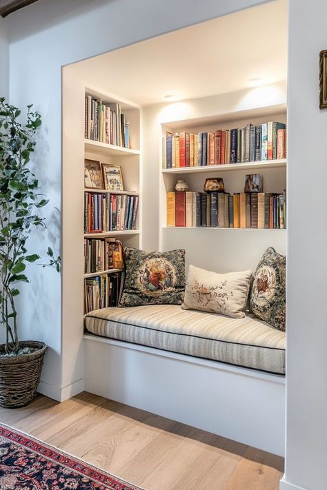 Transform unused nooks and crannies into functional spaces. Turn a corner into a reading nook, a hallway into a home office, or a tiny alcove into extra storage. 📚🛠✨ #SmallSpaceHacks #HomeDecor #CreativeLiving #NookDesign Hallway Nook Ideas, Small Home Library, Bookshelves In Bedroom, Nooks And Crannies, Luxurious Interior Design, Small Home Offices, Under The Stairs, Bedroom Layouts, Indian Home