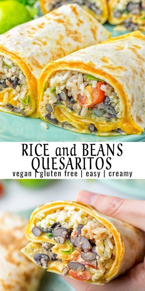 This Rice and Beans Quesarito is entirelly vegan, gluten free and so easy to make. It’s cheesy, incredibly satisfying and so delicious for dinner, lunch, meal prep (reheat beautifully) and amazing for work lunches. An amazing dairy free alternative for everyone that the whole family will love. #vegan #glutenfree #dairyfree #vegetarian #contentednesscooking #quesarito #riceandbeans #dinner #lunch #worklunchideas #mealprep #quesadila #burrito Cheese Quesadillas, Mexican Quinoa, Rice And Beans, Diner Recept, Tasty Vegetarian Recipes, Tortilla Soup, Soft Spot, Vegetarian Meals, Work Lunch