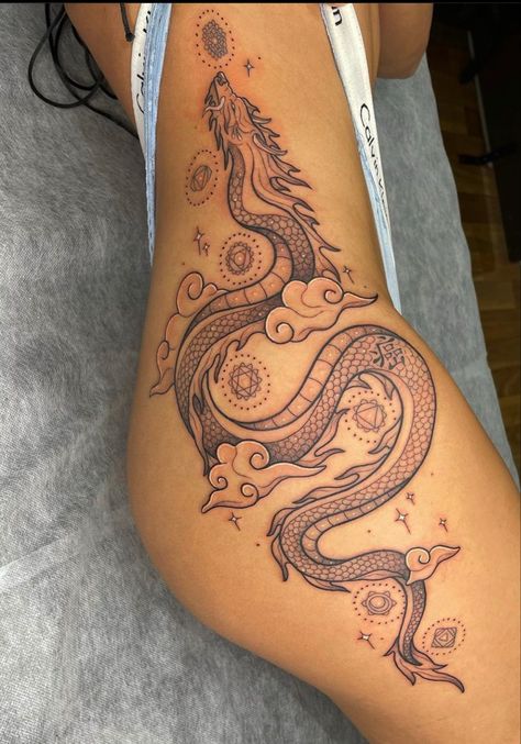 Dragon Tattoo Hip, Side Thigh Tattoos Women, Dragon Tattoo Leg, Dragon Thigh Tattoo, Upper Thigh Tattoos, Side Thigh Tattoos, Dragons Tattoo, Hip Thigh Tattoos, Dragon Tattoo For Women