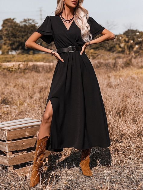 SHEIN X Stagecoach Surplice Front Split Thigh A-line Dress Without Belt | SHEIN USA Country Wedding Guest Dress What To Wear Cowboy Boots, Cowboy Dresses For Women, Fall Wedding Guest Dress With Cowboy Boots, Dress With Boots Outfit Country, Country Wedding Dresses With Boots Guest, Formal Country Outfits Women, Western Wedding Outfits Guest Fall, Rustic Wedding Outfit Guest, Black Dress With Cowgirl Boots