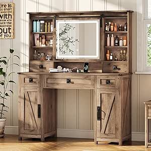 Makeup Vanity Desk with Lights, 47.2" Farmhouse Vanity Table with Sliding Mirror & Charging Station, Large Makeup Desk with 5 Drawers & 2 Cabinets, Rustic Oak Farmhouse Vanity Makeup, Western Vanity, Big Vanity, Farmhouse Makeup Vanity, Desk With Lights, Makeup Vanity Desk, Table With Charging Station, Farmhouse Vanity, Sliding Mirror