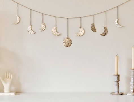 Gold Things, Moon Phase Wall Hanging, Bohemian Decor Inspiration, Moon Cycle, Moon Wall Art, Hanging Garland, Boho Bedroom Decor, Hammered Metal, Ramadan Decorations