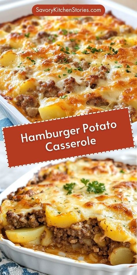 Looking for a comforting meal that the whole family will love? This Hamburger Potato Casserole Recipe combines savory ground beef with creamy potatoes for a deliciously satisfying dish. Save this recipe for your next dinner night and serve up smiles all around with this easy ground beef favorite! Easy Potato Hamburger Casserole, Easy Hamburger Potato Casserole Recipes, Ideas For Supper With Hamburger, Ground Beef And New Potatoes, Easy Dinner Recipes For Family With Kids Simple Ground Beef, Easy Hamburger And Potato Casserole Recipes, Easy Supper With Hamburger Meat, Easy Lunch With Ground Beef, Hamburger Recipes With Potatoes