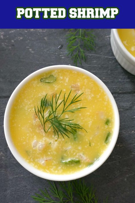 Potted Shrimp, a fantastic seafood appetizer for every party or celebration. Made with cooked shrimp, and flavoured with garlic, lemon juice, spring onions, fresh parsley and dill, the shrimp is then covered with melted butter which sets beautifully to create the most delicious dish you can possibly get. Crusty Bread Recipe, Potted Shrimp, Cooked Shrimp, Delicious Appetizer Recipes, Finger Foods Easy, Seafood Appetizers, Herb Seasoning, Spring Onions, Shrimp Dishes