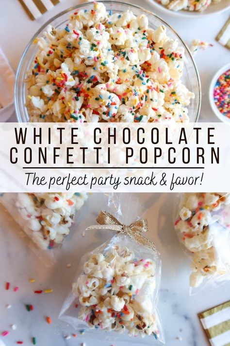 Birthday Party Popcorn Ideas, Birthday Popcorn Recipe, Sprinkle Party Food Ideas, All White Party Desserts, Candy Melt Popcorn, Popcorn Treat Bags Party Favors, Homemade Gourmet Popcorn, Popcorn Goody Bag Ideas, Gluten Free Popcorn Recipes