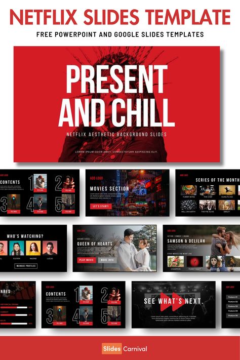 Transform your presentations with our Netflix-inspired slideshow template, perfect for anyone looking to add a bold, cinematic flair. This dark, red-themed template is ideal for movie reviews, entertainment pitches, or any project needing a dramatic touch. Easily captivate your audience with visually stunning slides that echo the iconic streaming platform’s aesthetic. Make your next presentation unforgettable! Netflix Powerpoint Template Free, Netflix Presentation Template, Netflix Powerpoint, Netflix Theme, Aesthetic Slides, Movie Presentation, Slideshow Ideas, Canva Presentation Template, Netflix Aesthetic