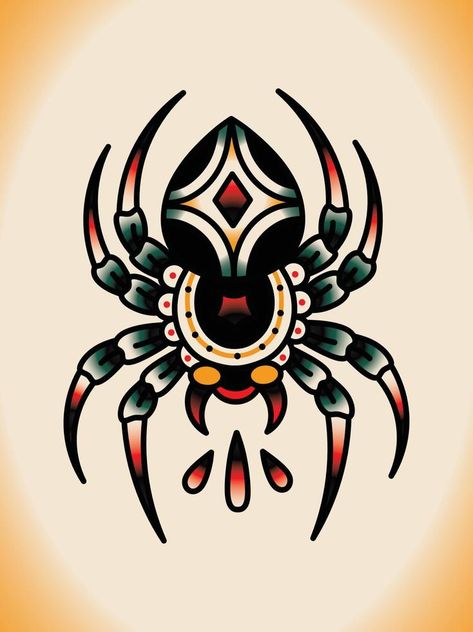 American Trad Spider Tattoo, Old School Wrist Tattoo, Spider Tattoo American Traditional, Traditional Spider Tattoo Flash, Old School Halloween Tattoo, American Traditional Spine Tattoo, Old School Spider Tattoo, American Traditional Spider Tattoo, Spider Traditional Tattoo