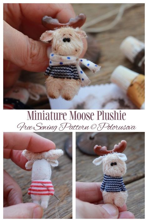 DIY Fabric Miniature Moose Plushie Free Sewing Pattern | Fabric Art DIY Mini Doll Sewing Pattern Free, Scrap Fabric Plushies, Mole Plush Pattern, Miniature Stuffed Animal Patterns, Sewing Patterns Free Plushies, Moose Sewing Pattern, Plushie Inspiration, Fabric Toys Diy, Fabric Art Diy