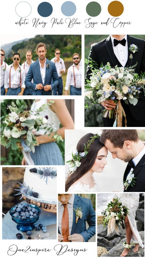 Rustic Blue Navy White Green Wedding, Dusty Blue And Sage Green Wedding Colors, Navy Colour Palette Wedding, Navy Gold Green Color Scheme, Blue Green Copper Color Scheme, Navy Blue Sage Green Wedding Color Palettes, Navy Sage White Gold Wedding, Dusty Blue Navy And Sage Green Wedding, Navy Dusty Blue Sage Wedding