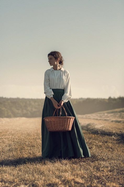 Historical Reference Photos, Colonial Woman Aesthetic, Women Standing Reference, Holding Basket Pose Reference, Woman Standing Reference, Woman Standing Pose Reference, Carrying Pose, 1800 Women, Historical Photoshoot