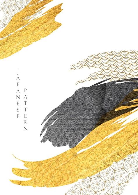 Japanese background with gold and black texture vector. Asian brush stroke element illustration in vintage style. Geometric pattern with abstract art banner design. Art Banner Design, Water Paint Art, Japanese Background, Art Banner, Japanese Nature, Campaign Design, Element Illustration, Japanese Art Styles, Water Abstract