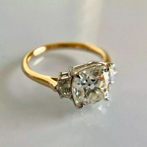 3Ct Cushion Cut Simulated Diamond 14k Yellow Gold Finish Women Engagement Ring Yellow Gold Moissanite Ring, Engagement Ring Three Stone, Wedding Rings Art, Antique Cushion, Ring Three Stone, Vintage Inspired Rings, Cushion Cut Moissanite, Stone Wedding, Art Deco Wedding Rings