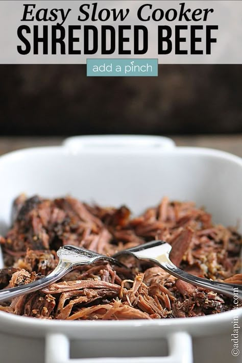 Slow Cooker Shredded Beef is perfect to add to so many delicious dishes and recipes. This slow cooker shredded beef is great to make ahead and keep on hand for easy dinner recipes. Freezer friendly too! // addapinch.com #beef #slowcooker #crockpot #shreddedbeef #freezerfriendly #addapinch Crockpot Shredded Beef, Shredded Beef Recipe, Slow Cooker Shredded Beef, Shredded Beef Recipes, French Soup, Freezer Recipes, Delicious Slow Cooker Recipes, Best Slow Cooker, Shredded Beef