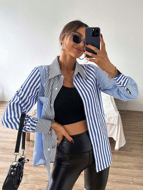 Blue and White Casual Collar Long Sleeve Polyester Striped Shirt Embellished Non-Stretch Spring/Summer/Fall Women Clothing Gig Outfits, Collared Shirt Outfits, Blue Striped Shirt Outfit, Gig Outfit, Outfits With Striped Shirts, Shirt Outfit Summer, Blue And White Striped Shirt, Blue Striped Blouse, Spring Clothing