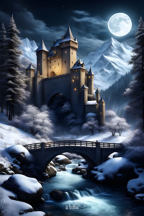 Embark on a journey through ancient fantasy realms with stunning digital depictions of castles nestled in mountainous landscapes, illuminated by the ethereal glow of the moon Writing Concepts, Fantasy Snow, Fantasy Castles, Snow Castle, Modern Talking, Luxury Tents, Moon Photography, Days Like This, Fantasy Castle