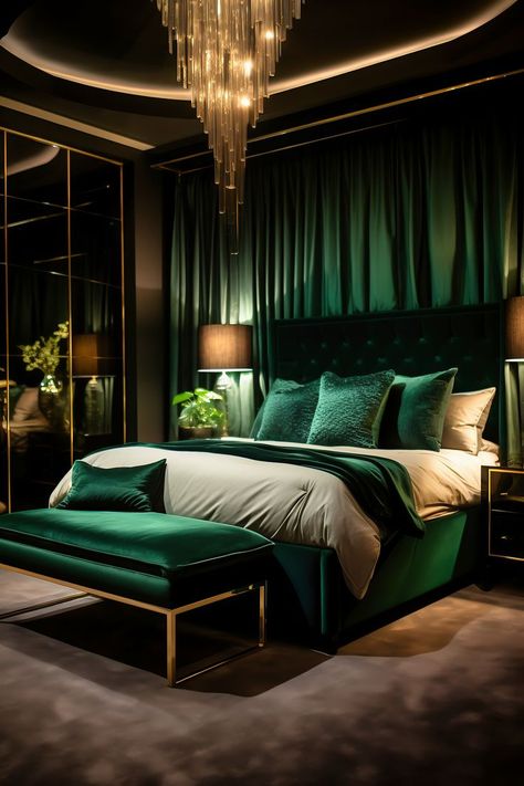 Luxurious modern bedroom in deep black and vibrant emerald, featuring a king-size canopy bed with drapes, emerald velvet bench, and recessed lighting. Black And Emerald Bedroom, Emerald Green Bedroom Ideas, Black Modern Bedroom, Luxurious Modern Bedrooms, Oasis Bedroom, Emerald Green Bedrooms, Velvet Bedroom, Green Bedroom Decor, Pillows Bedroom