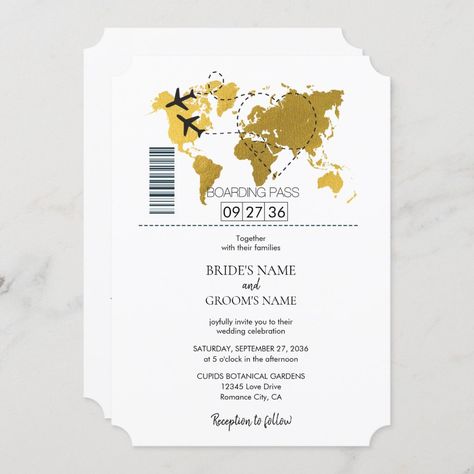 Destination Boarding Pass Wedding Invitation Size: 5" x 7". Color: gold. Gender: unisex. Age Group: adult. Material: Semi-Gloss. Business Launch Party, Travel Invitation, Travel Wedding Invitations, Boarding Pass Wedding Invitation, Heart Wedding Invitations, Gold Map, Wedding Invitation Size, Black And White Wedding Invitations, Wedding Personalized