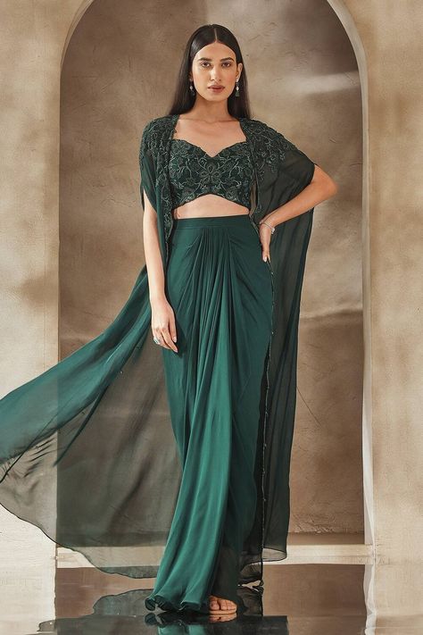 Designer Green Blouse Georgette Embroidery Zari Cape Skirt Sets Collection