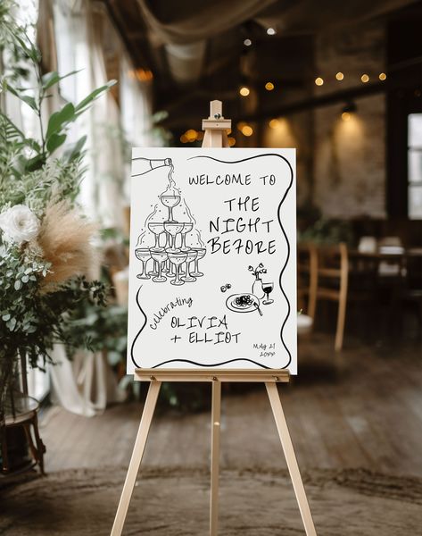 Rehearsal Dinner Sign Template Welcome your guests with a handwritten touch with this rehearsal dinner welcome sign template. This welcome to the night before wedding sign with its hand drawn design matches any wavy wedding rehearsal decor, whimsical wedding decor, or Italian wedding! ⸻ This is a DIGITAL DOWNLOAD editable template - no physical products will be shipped. After purchase, an email with a link to your template will be sent to you within minutes. You'll edit using Templett's online app in your web browser. ⸻ ✨ FREE DEMO - TRY BEFORE YOU BUY ✨ Copy and paste the link below into your browser: https://templett.com/design/demo/bellabooprintables/28177228,28177244 ⸻ WHAT'S INCLUDED * 18" x 24" Rehearsal Dinner Sign Template * A2 - 420mm x 594mm Rehearsal Dinner Sign Template ⸻ MATCH Rehearsal Dinner All White, Rehersal Dinner Tables, Rehearsal Dinner Venue Ideas, Wedding Small Touches, Romantic Wedding Welcome Sign, At Home Rehearsal Dinner Ideas, Pizza Wedding Rehearsal Dinner, At Home Rehearsal Dinner, Dinner Rehearsal Ideas