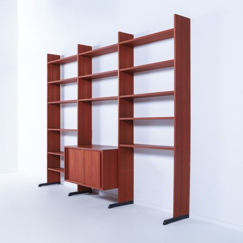 For sale: 1960's Swedish Modern modular teak bookshelf-cabinet | #vntg #vintage Teak Bookshelf, Bookshelf Cabinet, Modular Walls, Perforated Metal, Wall Systems, Wall Unit, Vintage Walls, Wall Shelves, Shelving Unit