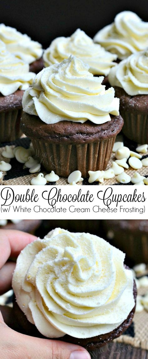 Double Chocolate Cupcakes (with White Chocolate Cream Cheese Frosting) | from willcookforsmiles.com #cupcake #cake #dessert White Chocolate Cream Cheese Frosting, Double Chocolate Cupcakes, Frosting Cupcakes, Cupcakes Homemade, Divine White, White Chocolate Cream, Chocolate Cream Cheese Frosting, Cream Cupcakes, Cupcake Recipes Chocolate