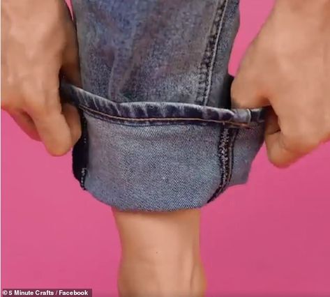 Posting on 5-Minute Crafts, an international Facebook Jeans Turn Up, Turned Up Jeans, Turning Up Jeans Hack, How To Turn Up Jeans, Roll Up Pants Hack, Jean Hacks Waist Smaller, Shortening Jeans, Pants Hacks, Shorten Pants