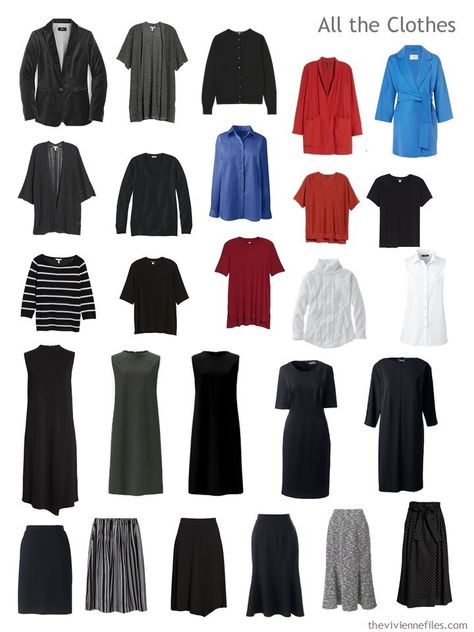 7. Capsule Wardrobe in black, white, red and blue Capsule Wardrobe Skirts And Dresses Only, Skirt Capsule Wardrobe, Modest Capsule Wardrobe, Medieval Outfits, Capsule Wardrobe Dresses, Minimalist Goth, Realistic Fashion, Workwear Capsule Wardrobe, Project 333