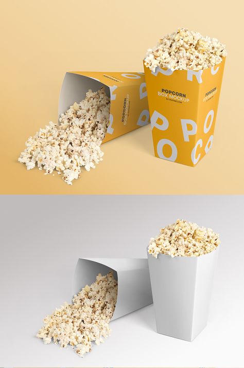 It would not be wrong to say that popcorn is more associated with cinema and theatre and we all carry at least one box of popcorn before sitting in front of big screen. And it is a good advertising medium for brands to put their design or logo as sponsor or partner. #free #popcorn #box #mockup #pixpine Popcorn Box Design, Popcorn Shop Design, Popcorn Branding, Popcorn Images, Popcorn Packaging Design, Candy Advertisement, Popcorn Logo, Box Mockup Free, Popcorn Brands