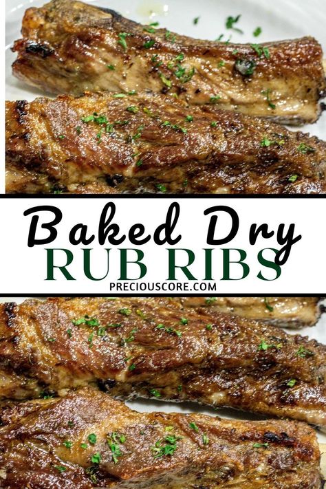 The tastiest Baked Dry Rub Ribs you will ever have! Made with a simple dry rub, these pork ribs are easy enough to make for weeknights and fancy enough to make for the holidays or special occasions. Dry Pork Ribs Oven Baked, Rib Recipes In Oven Dry Rub, Dry Ribs In Oven, Oven Baked Dry Rub Ribs, Oven Roasted Ribs Dry Rubs, Rib Rub Recipe Dry Oven, Pork Ribs In The Oven Dry Rub, Crockpot Ribs Dry Rub, Dry Rub Ribs In Crockpot