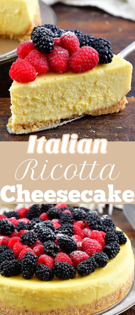 Ricotta Cheesecake is a beautifully baked Italian dessert that’s made with delicious ingredients like ricotta cheese, mascarpone, and hints of orange and amaretto all presented on top of a buttery biscotti crust. This homemade cheesecake is wonderfully moist, and super soft and fluffy! Whipped Ricotta Cheesecake, Authentic Italian Cheesecake Recipes, Italian Ricotta Cheesecake Authentic, Italian Cheesecake Recipes, Desserts With Ricotta Cheese, Ricotta Cheesecake Recipes, Biscotti Crust, Ricotta Dessert Recipes, Ricotta Cheese Desserts