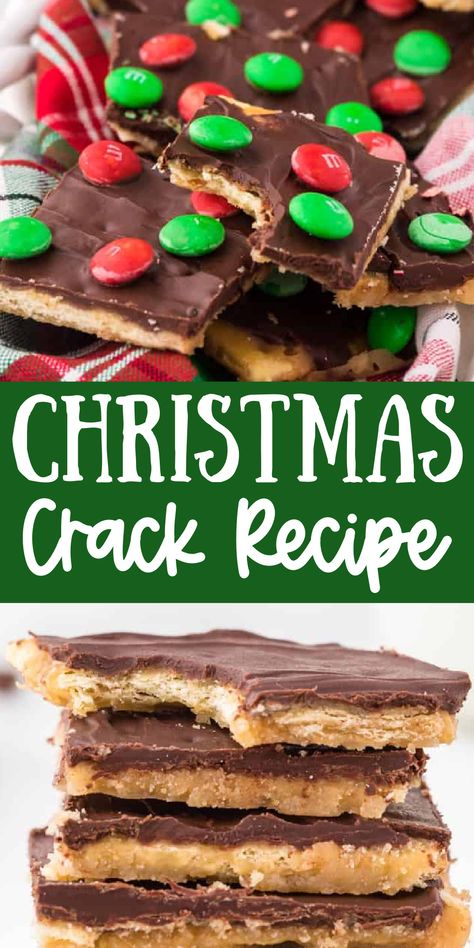 This Christmas Crack also known as Saltine Cracker Toffee Candy is a must make holiday dessert! The perfect salty, sweet, and crunchy toffee bark made with only 7 easy ingredients. Saltine Cracker Toffee, Christmas Candy Easy, Saltine Toffee, Cracker Candy, Homemade Toffee, Cracker Toffee, Deco Table Noel, Christmas Candy Recipes, Candy Recipes Homemade