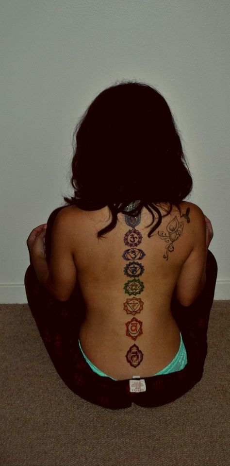 My chakras tattoo. Great way to start any new year. Really happy about this new addition The 7 Chakras Tattoo, 7 Chakra Back Tattoo, Big Spiritual Tattoos, Chakra Tattoos Spine, Arm Chakra Tattoo, 7 Chakra Spine Tattoo, 7 Chakras Back Tattoo, 7 Chakras Spine Tattoo, 7chakras Tattoo